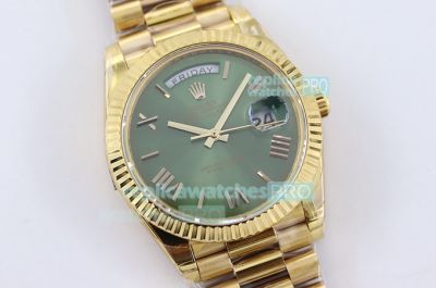 TWS Factory Swiss Replica Rolex Day Date Watch Green Face Yellow Gold Band Fluted Bezel  40mm